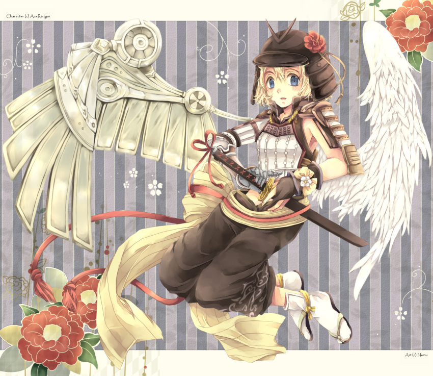 1girl, angel, angel_wings, armor, artist_name, asymmetrical_wings, blonde_hair, blue_eyes, borrowed_character, cassie_(acerailgun), cyborg, feathered_wings, flower, full_body, helmet, highres, mechanical_arm, mechanical_wings, nemurou, original, samurai, samurai_armor, sandals, sheath, sheathed, sode, solo, sword, wakizashi, weapon, wings, wrist_cuffs