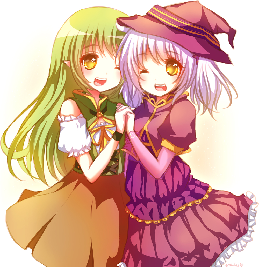 2girls, borrowed_character, cecilia_(acerailgun), cowboy_shot, dress, emi-liu, friends, green_hair