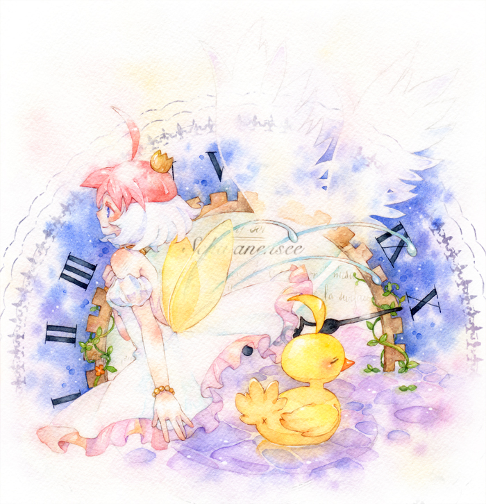 ahiru_(duck), ahoge, bird, blue_eyes, blush, dual_persona, duck, flower