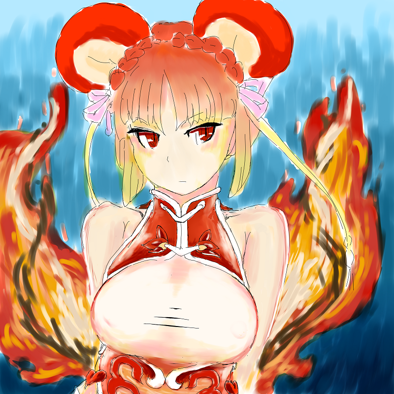 1girl, animal_ears, braid, china_dress, chinese_clothes, dress, fire, framed_breasts
