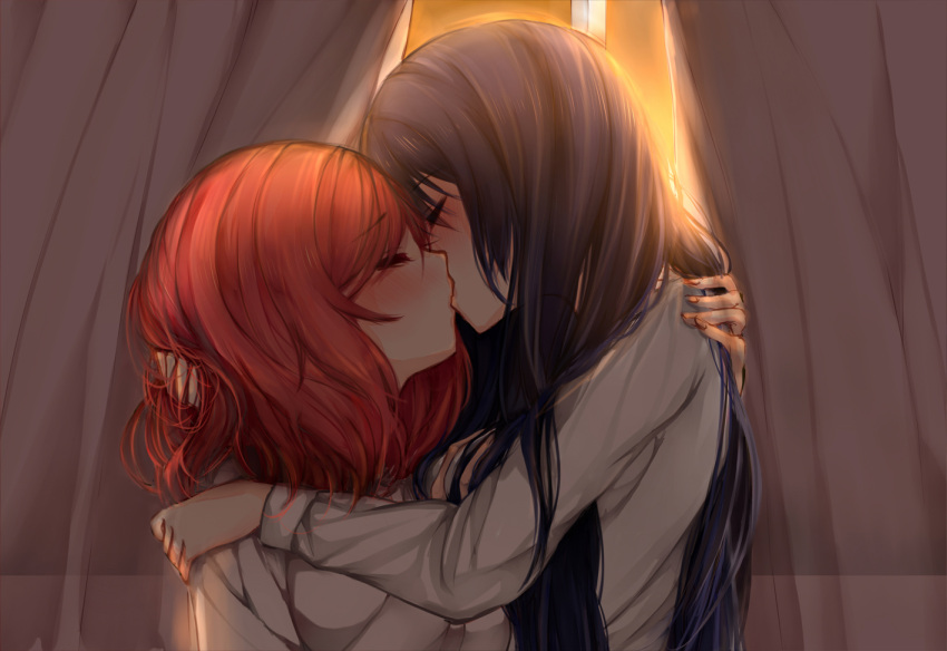 2girls, blue_hair, closed_eyes, couple, kiss, long_hair, love_live!_school_idol_project, luoz, multiple_girls, nishikino_maki, redhead, short_hair, sonoda_umi, window, yuri