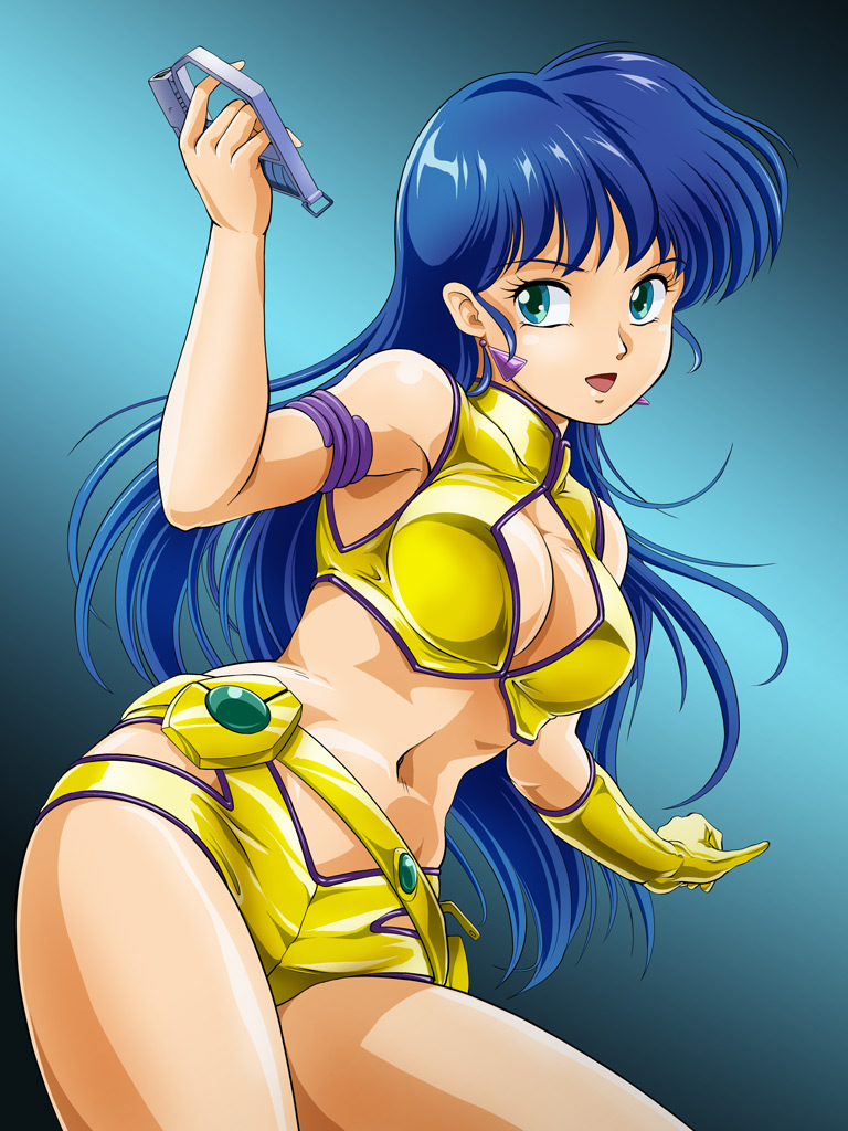 belt, blue_eyes, blue_hair, breasts, cleavage, dirty_pair, earrings, jewelry, long_hair, midriff, navel, oldschool, short_shorts, shorts, single_glove, smile, tamanegiinyo, weapon, yuri_(dirty_pair)