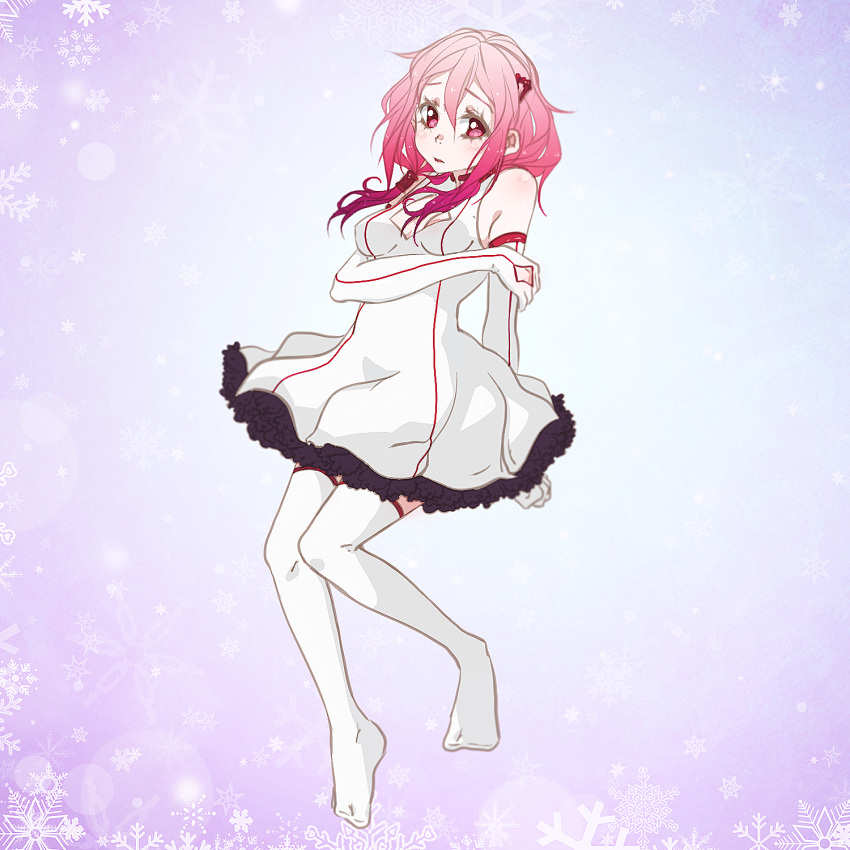 1girl, alternate_costume, bare_shoulders, blush, breasts, center_opening, cleavage, detached_sleeves