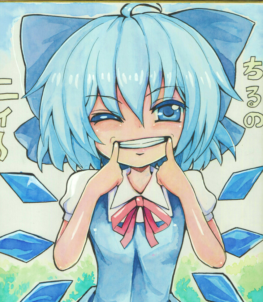 1girl, ;), ahoge, blue_eyes, blue_hair, bow, cirno, dress