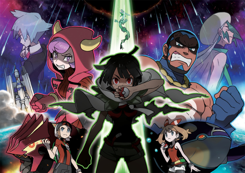 >:<, 3girls, 4boys, beret, black_hair, bracelet, brown_hair, cape