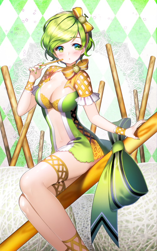 1girl, aile_(crossroads), ankle_lace-up, argyle, argyle_background, blush, bow, breasts