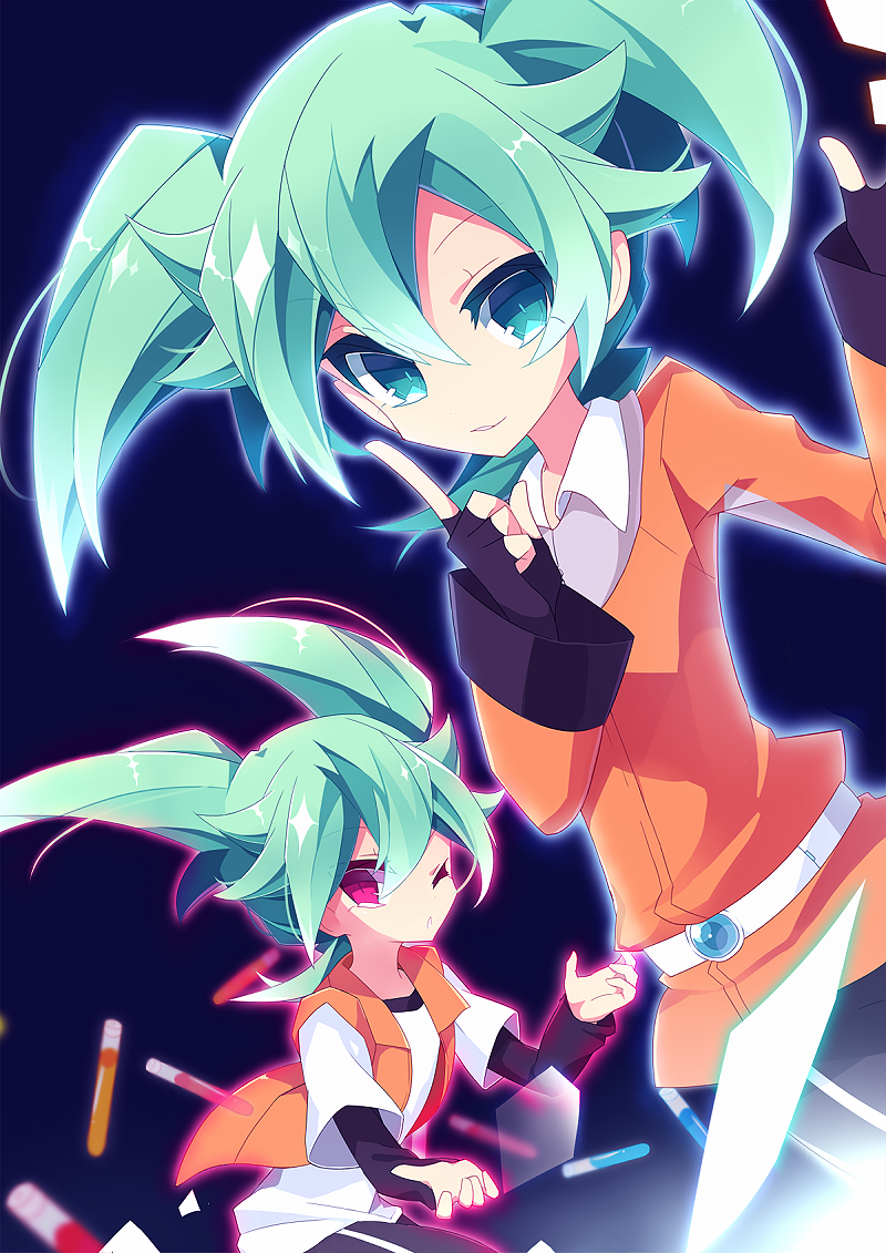 1boy, aqua_eyes, black_gloves, blue_background, fei_rune, fingerless_gloves, garu_(inazuma_eleven), gloves, green_hair, inazuma_eleven_(series), inazuma_eleven_go, inazuma_eleven_go_chrono_stone, looking_at_viewer, male, one_eye_closed, pink_eyes, solo, yuui1994