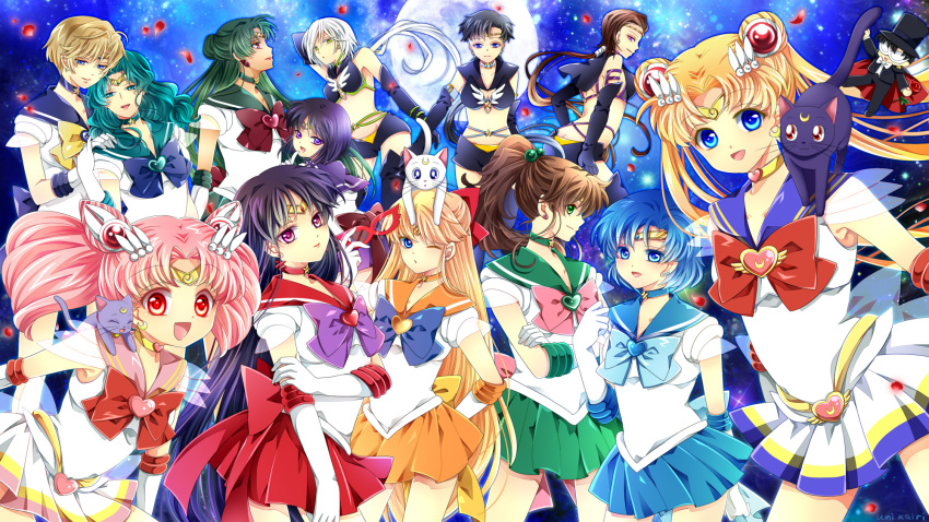 1boy, 6+girls, aino_minako, artemis_(sailor_moon), bishoujo_senshi_sailor_moon, cat, chiba_mamoru, chibi_usa