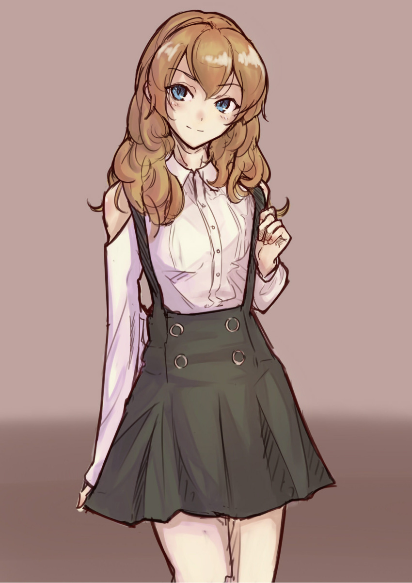1girl, bare_shoulders, blonde_hair, blue_eyes, buttons, clothing_request, cowboy_shot, dress