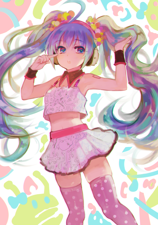 1girl, ahoge, aqua_hair, armpits, crop_top, crop_top_overhang, gj, hatsune_miku