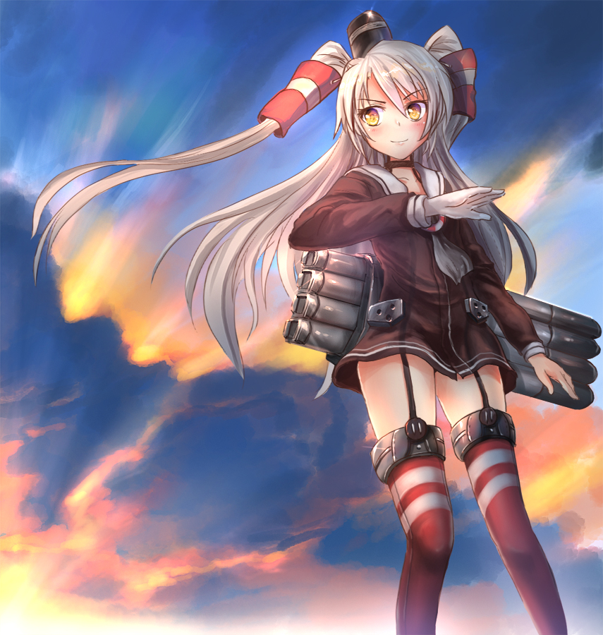 1girl, amatsukaze_(kantai_collection), clouds, cloudy_sky, cowboy_shot, from_below, gahakuna_kuroneko, garter_straps