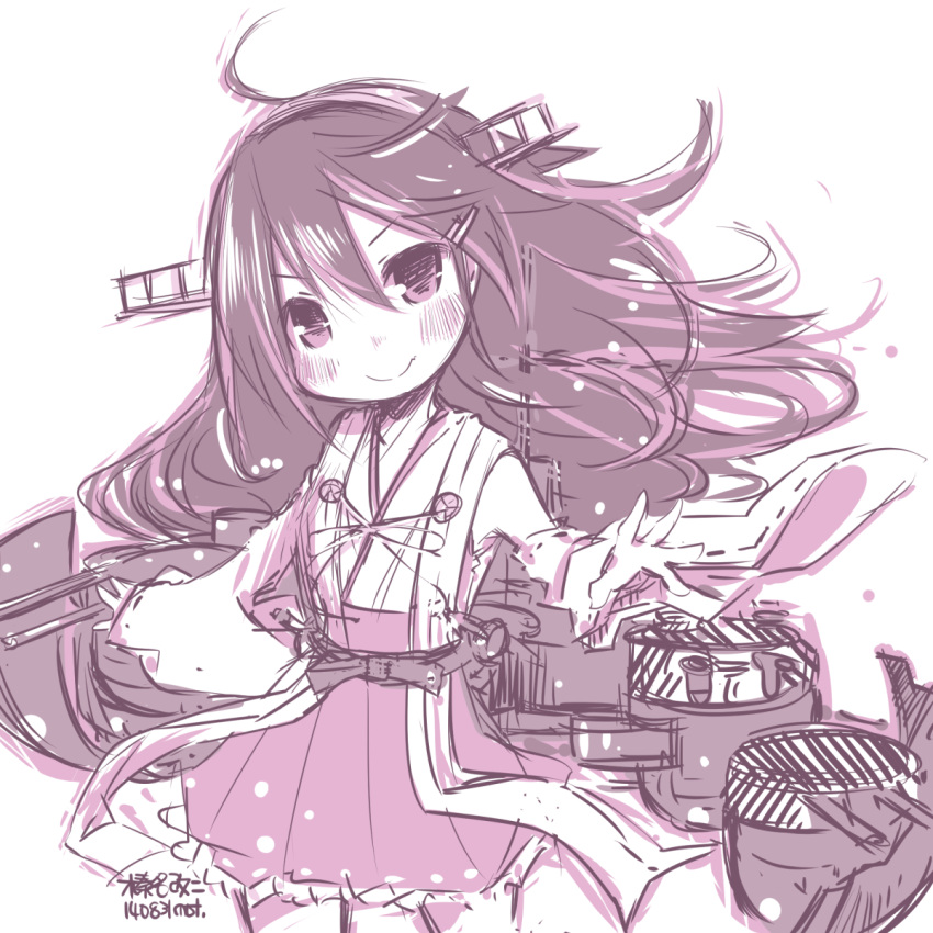 1girl, ahoge, blush, detached_sleeves, frilled_skirt, frills, haruna_(kantai_collection), headgear