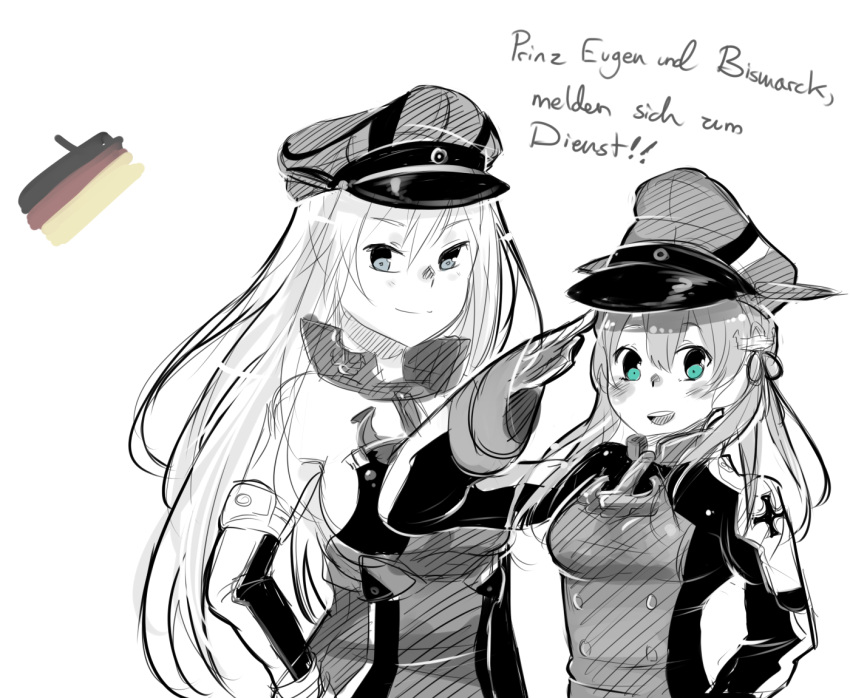2girls, aqua_eyes, bare_shoulders, bismarck_(kantai_collection), blue_eyes, blush, breasts, detached_sleeves