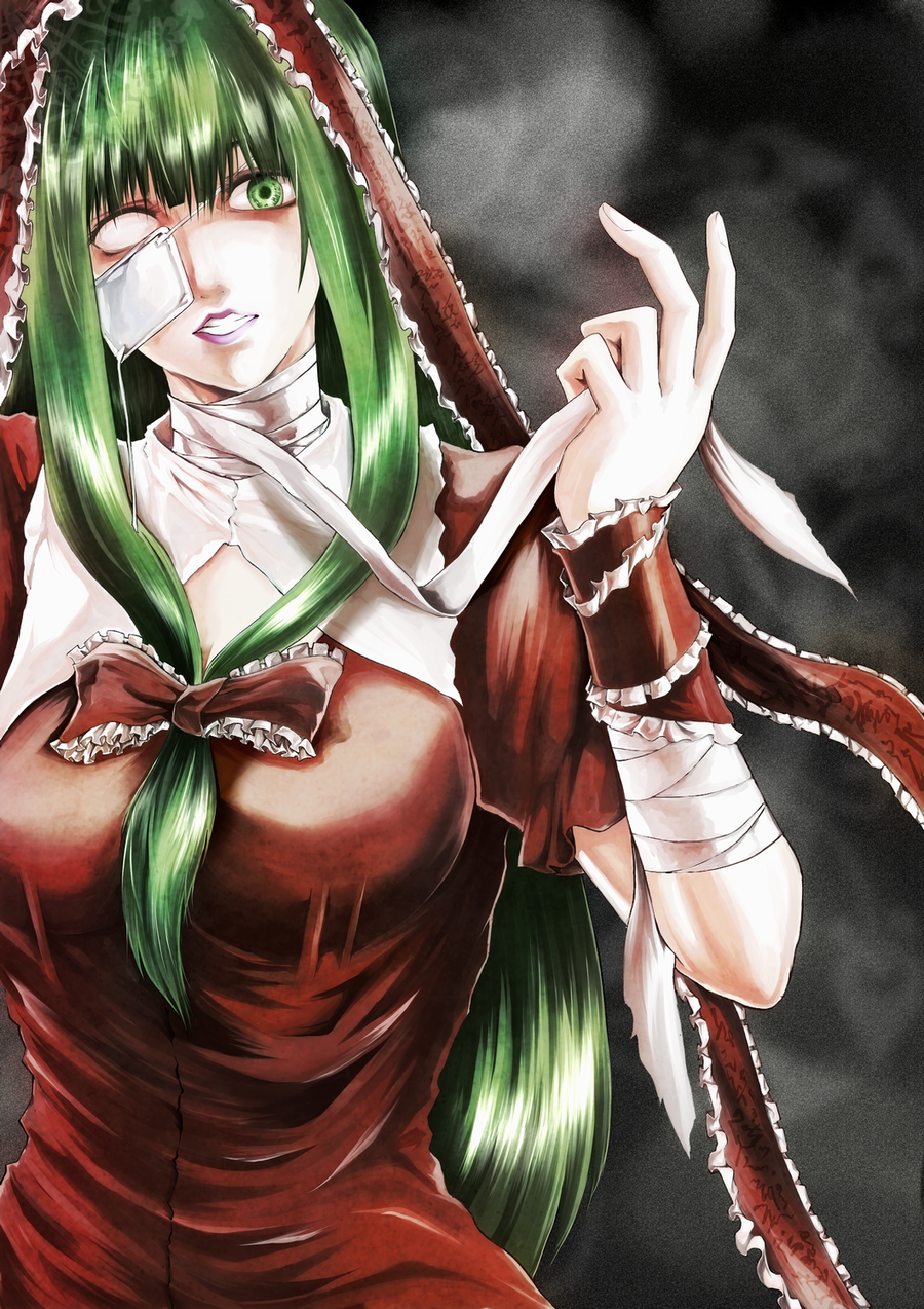 1girl, bandages, blank_eyes, breasts, bust, clenched_teeth, commentary_request, creepy, dress, eyepatch, front_ponytail, green_eyes, green_hair, grey_background, hair_ribbon, highres, kagiyama_hina, large_breasts, lips, looking_at_viewer, no_pupils, parted_lips, puffy_short_sleeves, puffy_sleeves, red_dress, ribbon, short_sleeves, smoke, solo, tn_(nakamatic-arsenal), touhou, unwrapping, wrist_ribbon