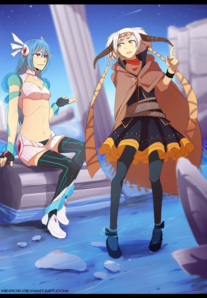 2girls, alpha_(acerailgun), blue_hair, borrowed_character, breasts, cecilia_(acerailgun), cloak, dress, feet_in_water, fingerless_gloves, gloves, hairband, horns, letterboxed, long_hair, looking_at_another, midriff, multiple_girls, navel, nerior, original, pillar, pink_eyes, robot_girl, ruins, shoes, shooting_star, sitting, sky, soaking_feet, star_(sky), starry_sky, thigh-highs, water, watermark, web_address, white_hair, witch, yellow_eyes