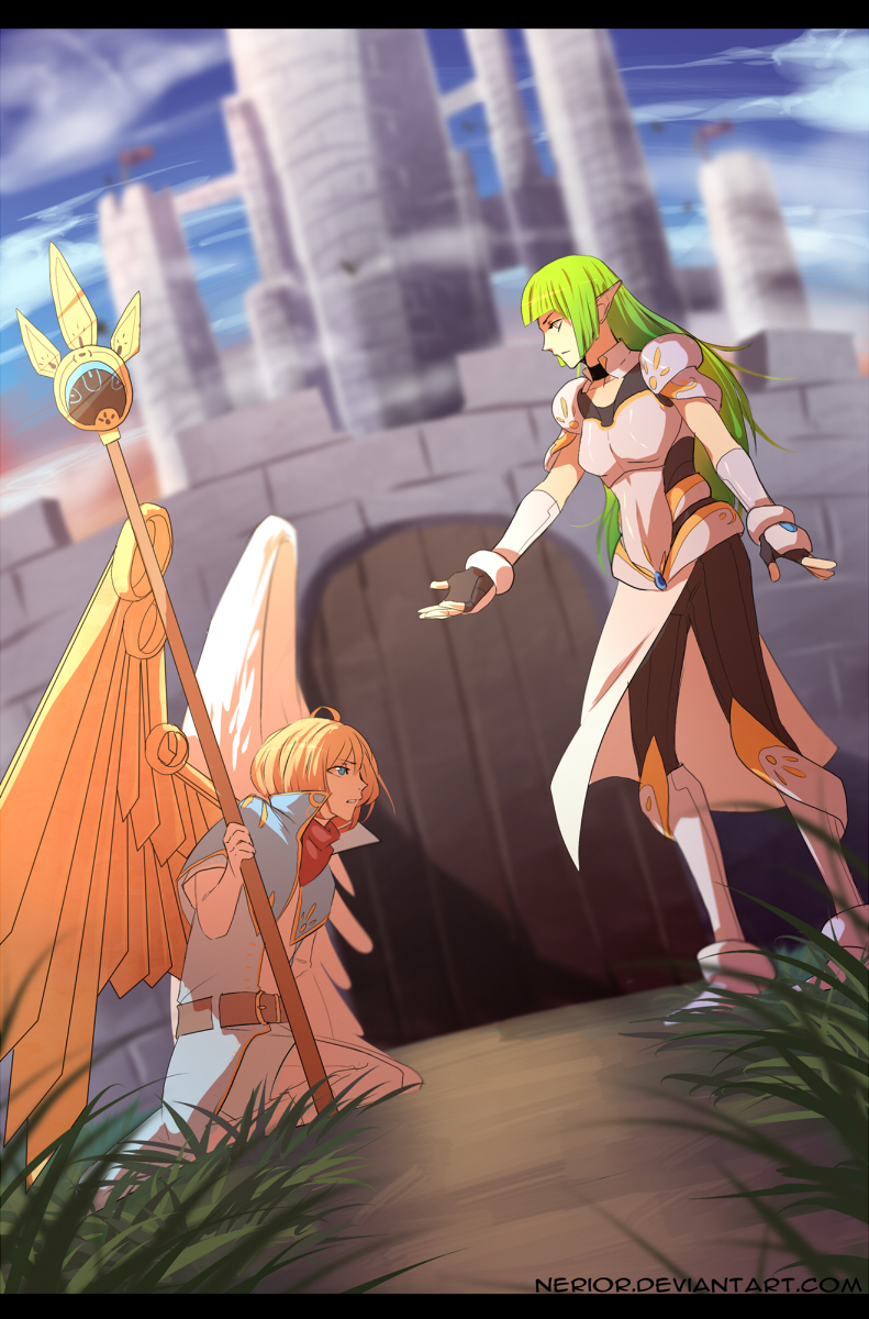 2girls, ahoge, angel, angel_wings, armor, asymmetrical_wings, blonde_hair, blue_eyes