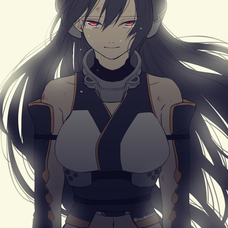 1girl, bare_shoulders, black_hair, bruise, deco_(geigeki_honey), elbow_gloves, gloves, headgear, injury, kantai_collection, long_hair, nagato_(kantai_collection), red_eyes, tears_in_eyes