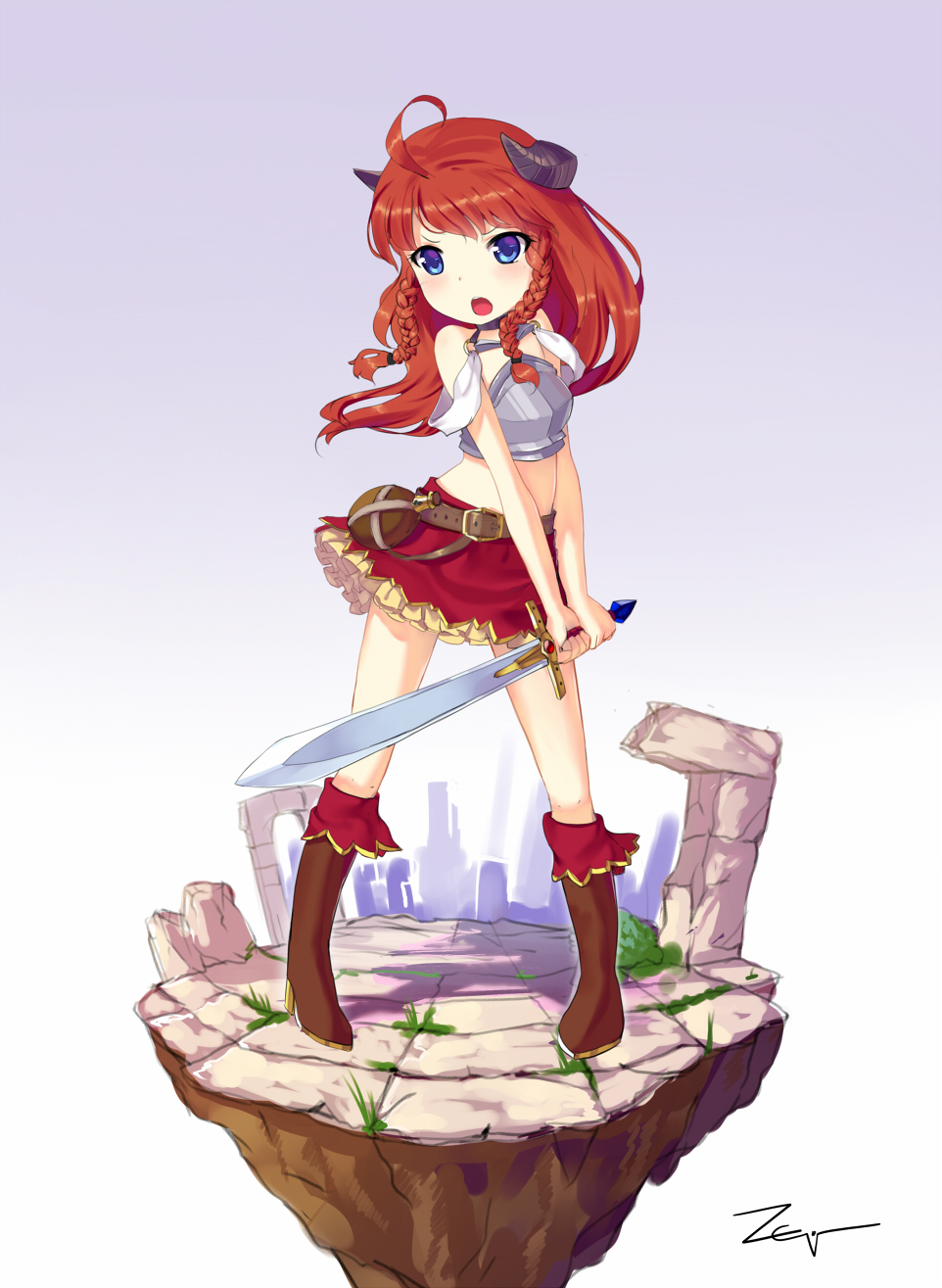 1girl, ahoge, armor, belt, blue_eyes, boots, borrowed_character, braid