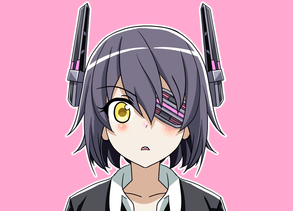 1girl, animated, animated_gif, blush, closed_eyes, eyepatch, face, full-face_blush, headgear, kantai_collection, looking_at_viewer, mikakunin_de_shinkoukei, parody, pink_background, purple_hair, short_hair, solo, steam, tenryuu_(kantai_collection), tk8d32, wavy_mouth, yellow_eyes