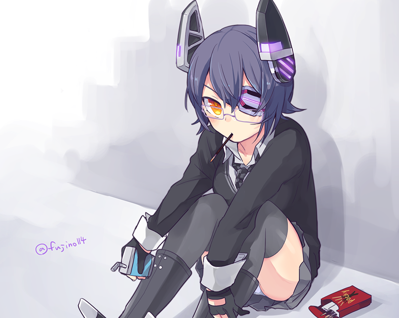 1girl, bespectacled, black_gloves, black_legwear, boots, cardigan, checkered_necktie, eyepatch