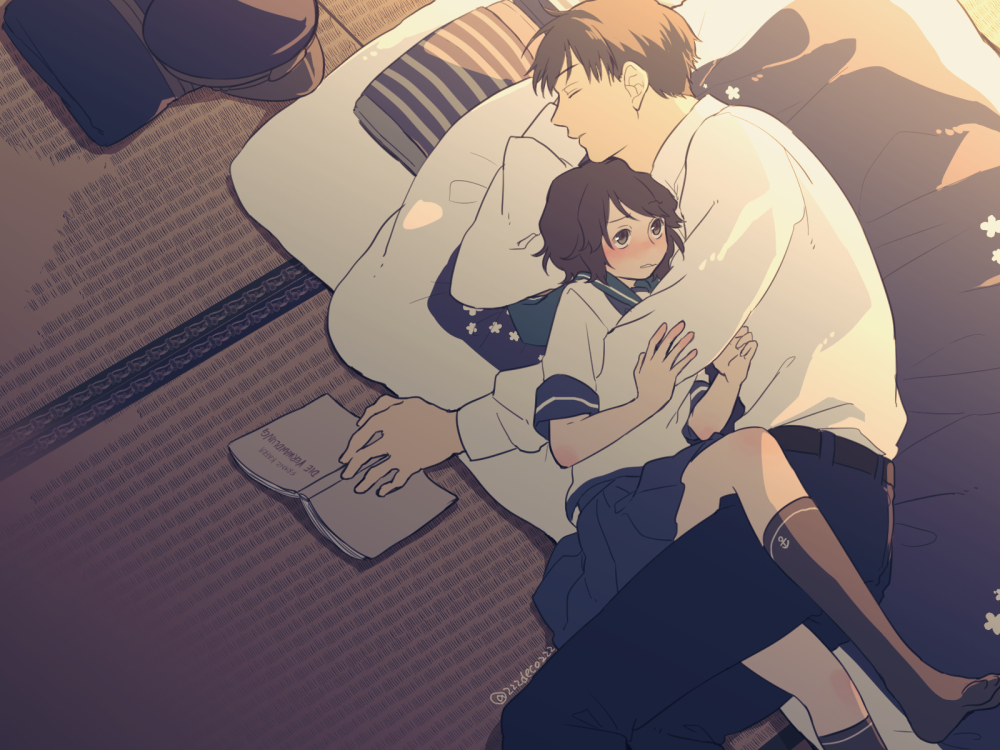 1boy, 1girl, admiral_(kantai_collection), book, deco_(geigeki_honey), futon, kantai_collection, miyuki_(kantai_collection)