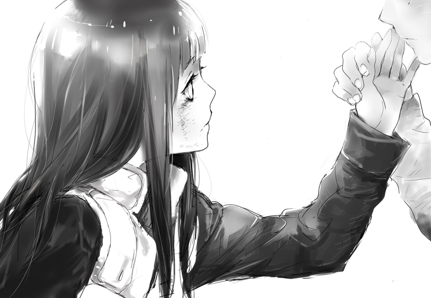 1boy, 1girl, bruise, hyuuga_hinata, injury, lenny-tree, long_hair, looking_at_another, monochrome, naruto, naruto_shippuuden, solo_focus, uzumaki_naruto, white_eyes