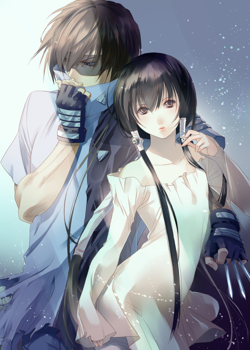 2boys, absurdres, angry, bell, black_hair, blue_eyes, brown_eyes, brown_hair, fingerless_gloves, fuuchouin_kazuki, getbackers, gloves, hair_tubes, highres, hirai_chika, kakei_juubei, long_hair, multiple_boys, pants, papillon10, short_hair, trap, weapon