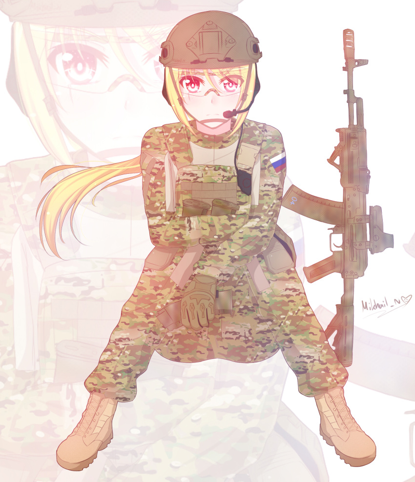 1girl, ak-74, ak-74m, assault_rifle, blonde_hair, camouflage, gloves, gun
