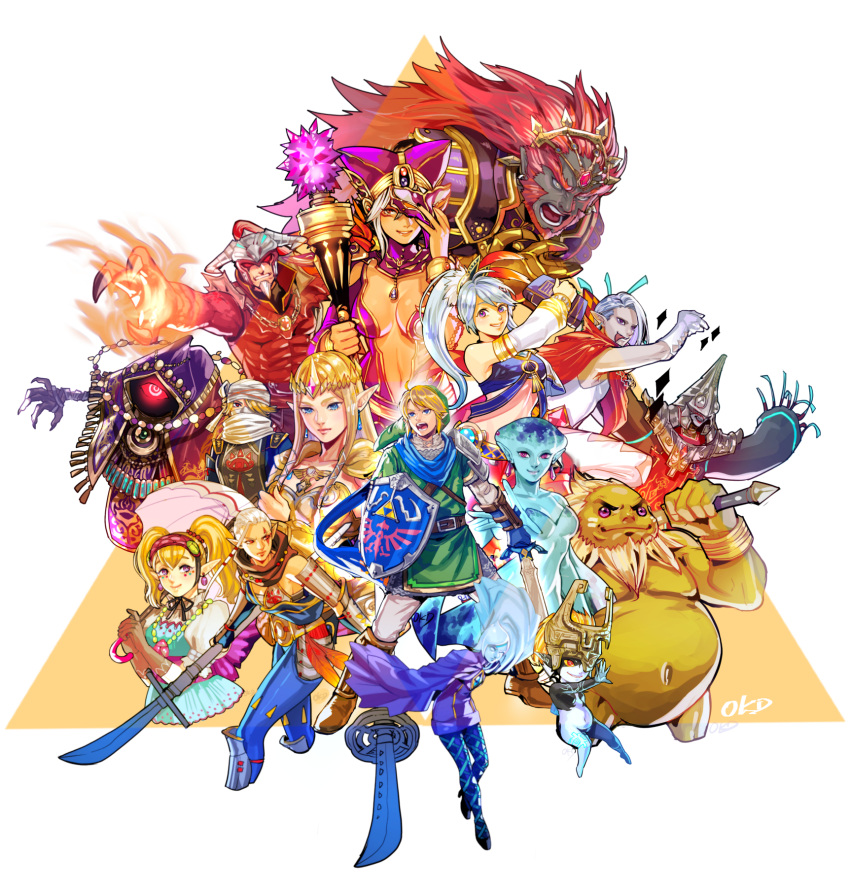 6+boys, 6+girls, agitha, arm_guards, armor, beard, belt, blonde_hair, blue_eyes, blue_skin, book, boots, breasts, cape, chainmail, cia_(zelda_musou), cleavage, creature, darunia, dress, earrings, facepaint, facial_hair, fang, feathers, fi, fire, ganondorf, ghirahim, gloves, glowing, glowing_eye, goron, hair_ornament, hairband, hat, helmet, highres, hood, impa, jewelry, joey_joey_joey, lana_(zelda_musou), link, long_hair, long_sleeves, looking_at_viewer, mask, master_sword, midna, monster_girl, multiple_boys, multiple_girls, muscle, navel, necklace, one-eyed, orange_hair, pants, parasol, pink_eyes, pointy_ears, polearm, ponytail, princess_ruto, princess_zelda, puffy_sleeves, red_eyes, redhead, robe, scarf, sheik, shield, silver_hair, sleeves_past_wrists, smile, spaulders, spear, staff, sword, the_legend_of_zelda, tiara, tongue, tongue_out, triforce, tunic, turban, twintails, umbrella, valga, violet_eyes, weapon, white_background, white_hair, wizzro, yellow_eyes, yellow_sclera, zant, zelda_musou, zora