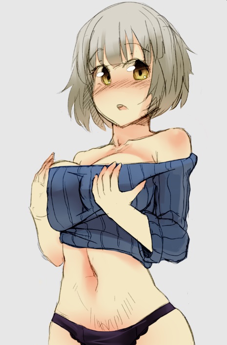 1girl, bangs, bare_shoulders, black_panties, blush, breasts, brown_eyes, crop_top