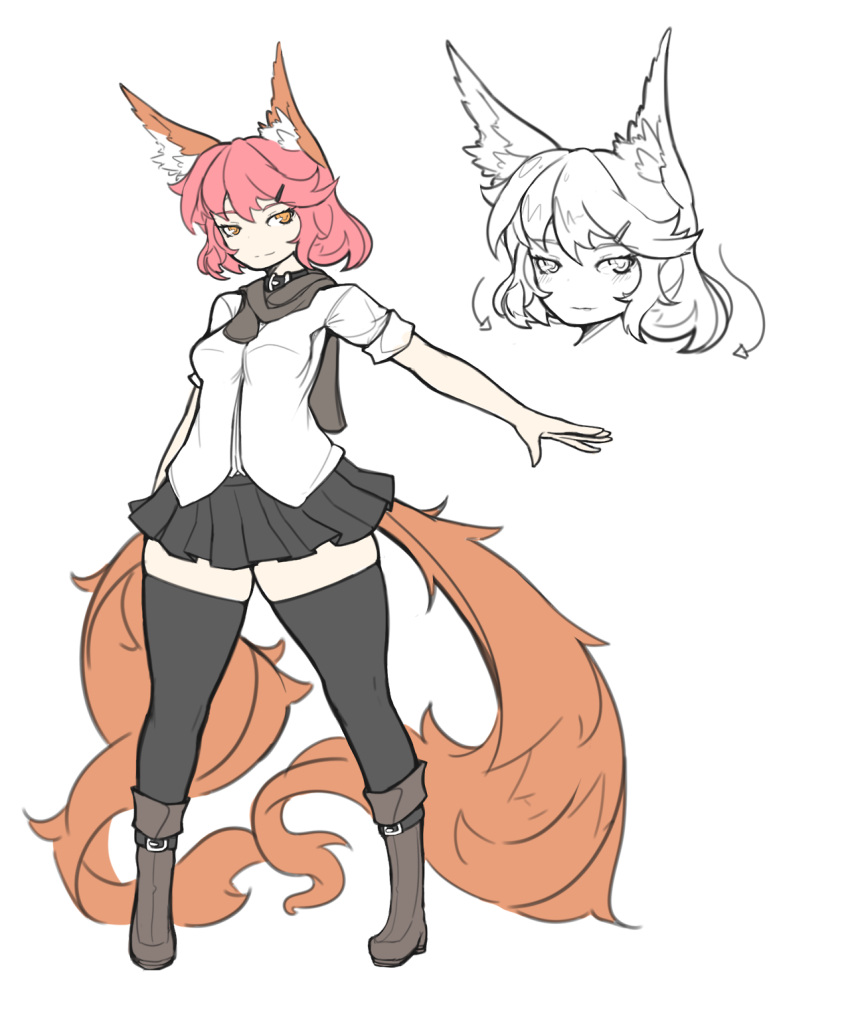 1girl, animal_ears, arceonn, black_legwear, boots, character_sheet, collar, fox_ears, fox_tail, full_body, hair_ornament, hairclip, highres, multiple_tails, nia_(arceonn), orange_eyes, original, pigeon-toed, pink_hair, scarf, short_hair, skirt, small_breasts, solo, tail, thick_thighs, thigh-highs, thighs, yellow_eyes