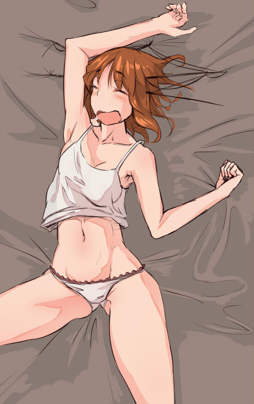 1girl, arm_up, armpits, bed_sheet, brown_hair, closed_eyes, drooling, headgear, highres, kantai_collection, kusottk, maya_(kantai_collection), messy_hair, navel, open_mouth, panties, short_hair, sleeping, solo, spaghetti_strap, tank_top, underwear, white_panties