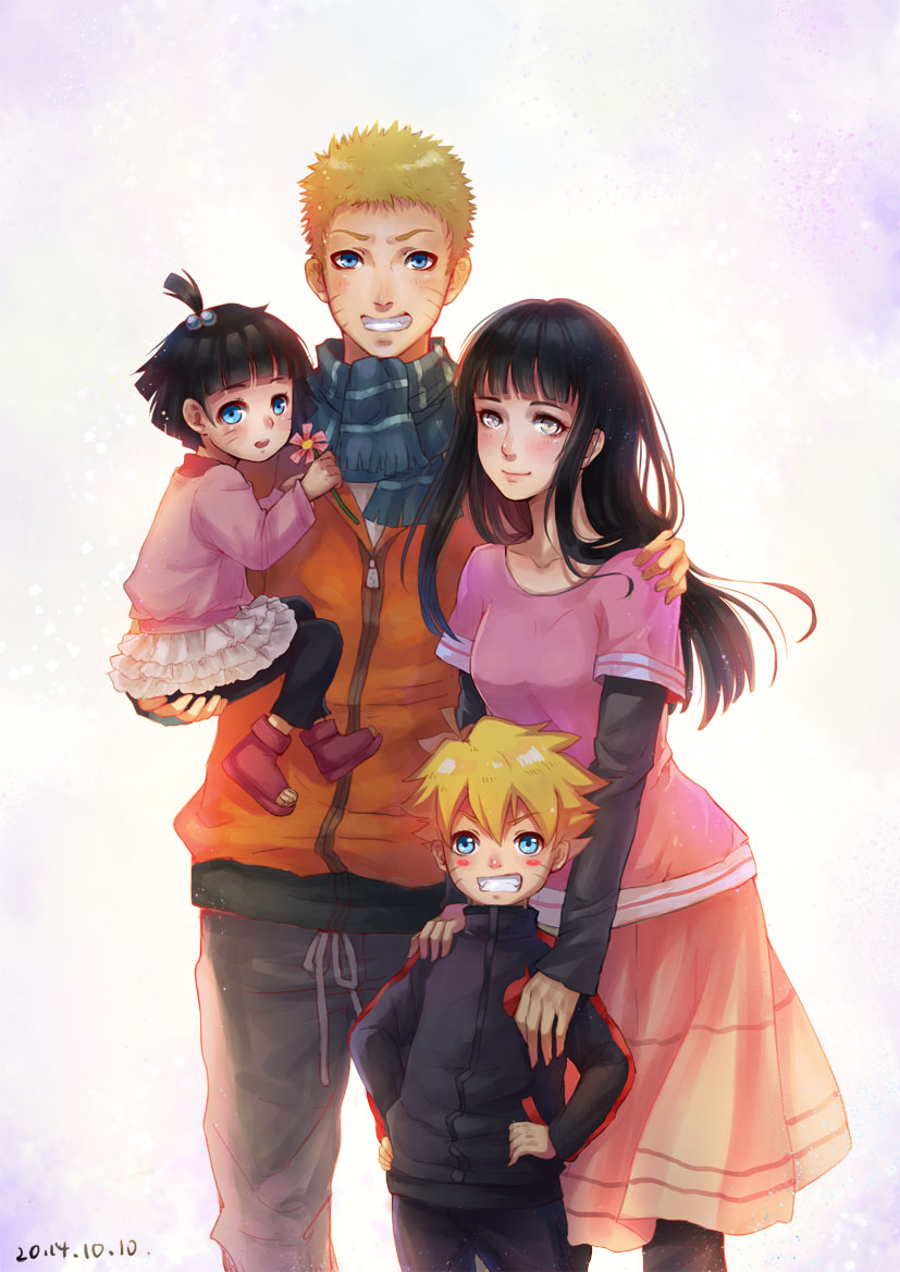 black_hair, blonde_hair, blue_eyes, family, flower, hyuuga_hinata, naruto, smile