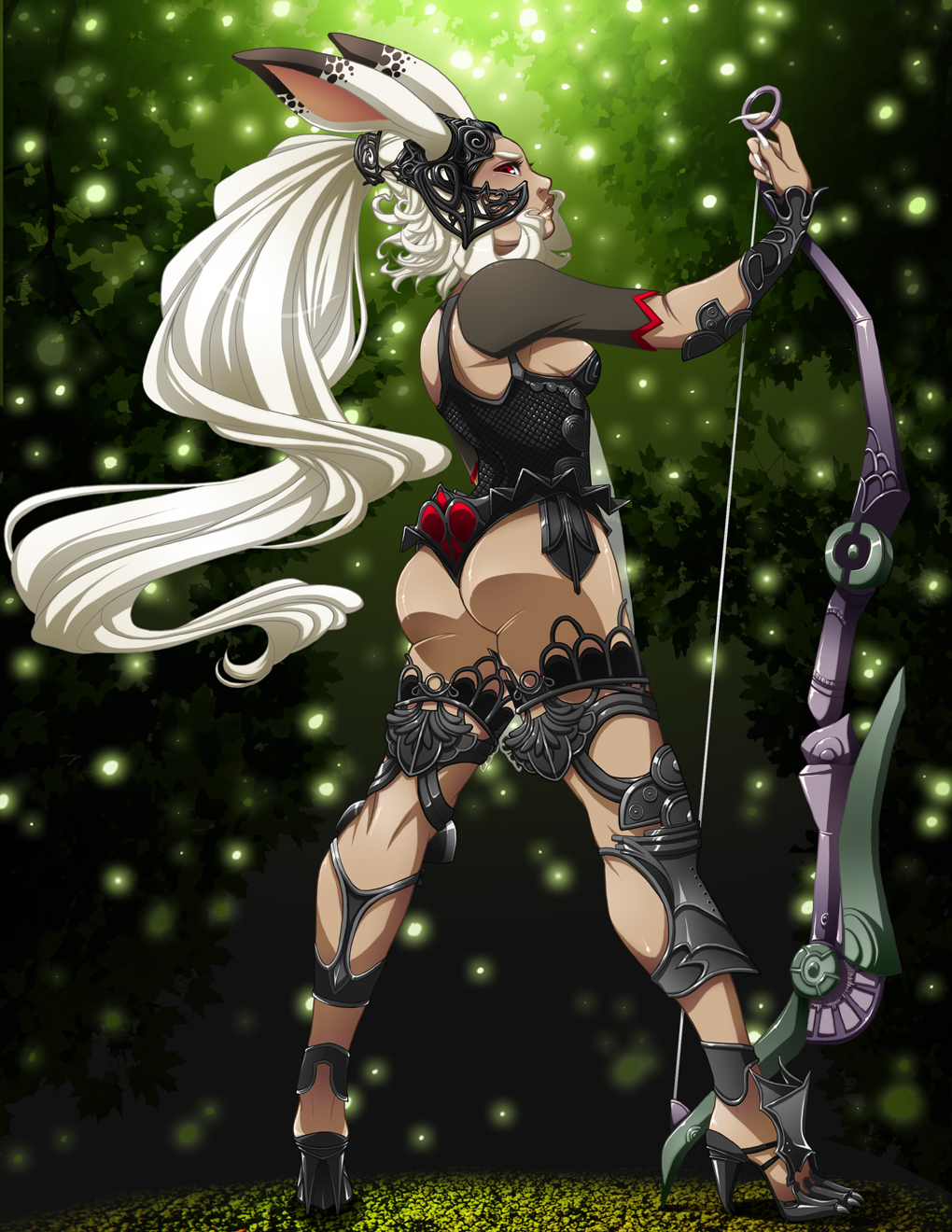 1girl, animal_ears, armor, ass, bow_(weapon), bracer, breasts, dark_skin