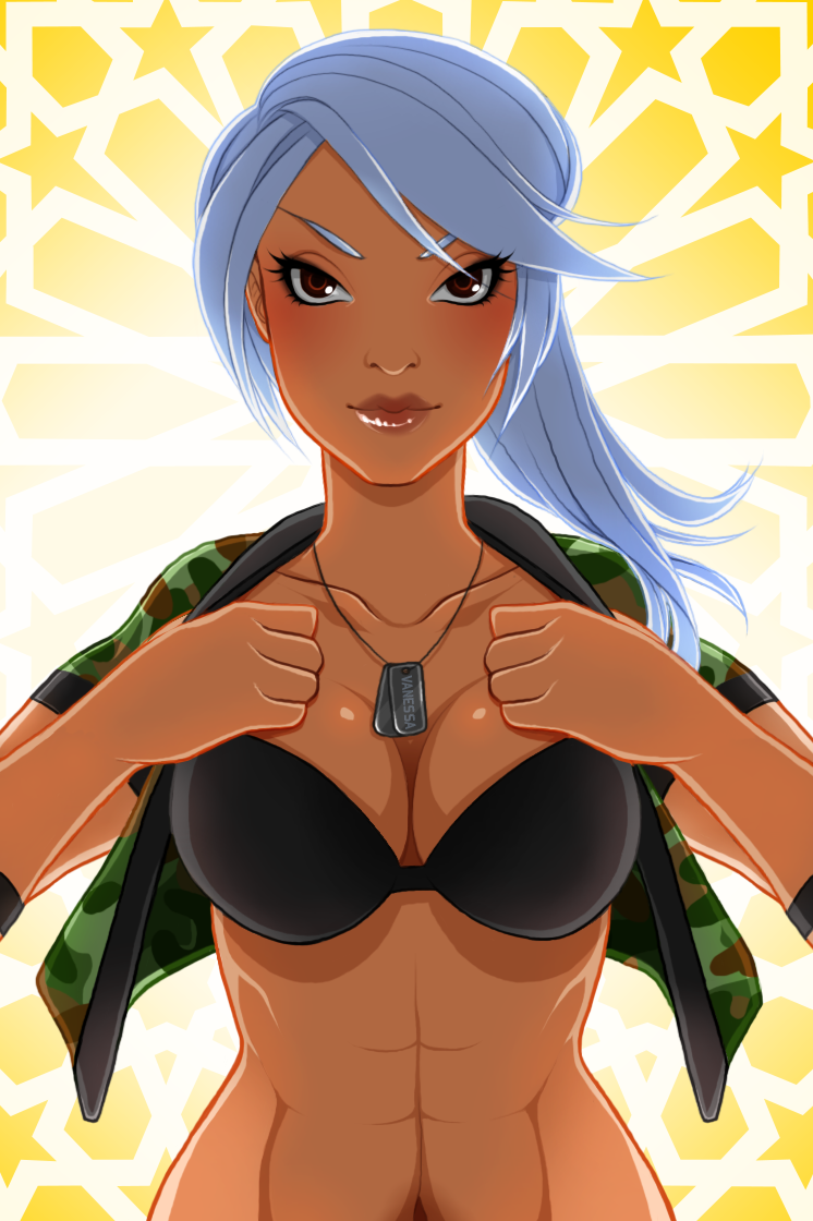 1girl, abs, backlighting, black_bra, blush, bra, breasts, camouflage