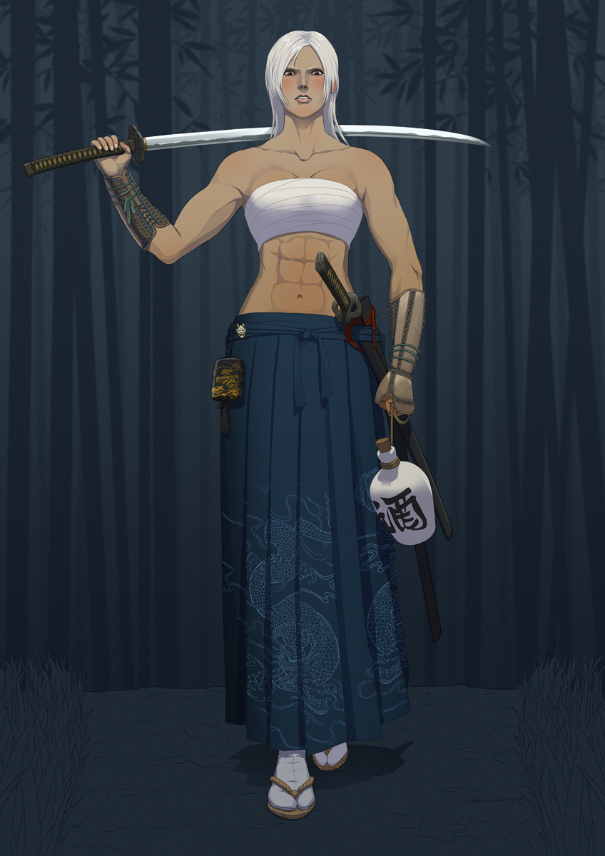 1girl, abs, alternate_costume, bag, bamboo, bamboo_forest, bare_shoulders, blush