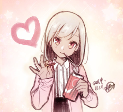 1girl, americano_exodus, dark_skin, heart, jacket, lowres, mariage_frere, orange_eyes