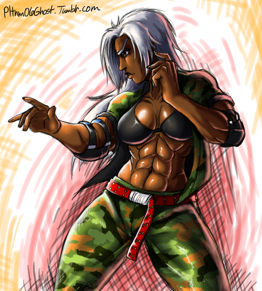 1girl, abs, belt, black_bra, bra, breasts, camouflage, cleavage