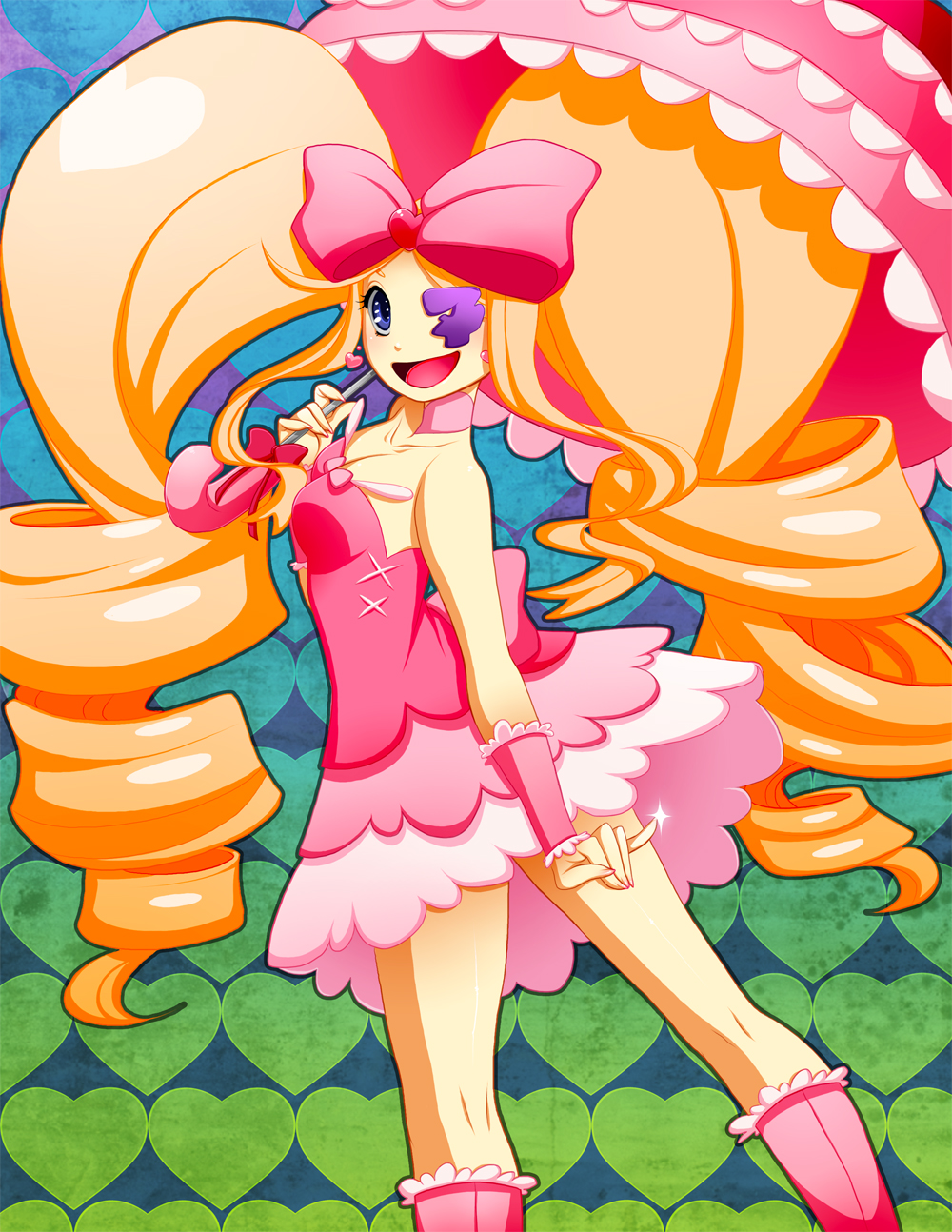 1girl, big_hair, blonde_hair, blue_eyes, boots, choker, dress, drill_hair, earrings, eyepatch, harime_nui, heart, heart_earrings, highres, jewelry, kill_la_kill, knee_boots, long_hair, parasol, pink_dress, pinky_out, setsuna22, small_breasts, smile, solo, strapless_dress, twin_drills, umbrella, very_long_hair, wrist_cuffs