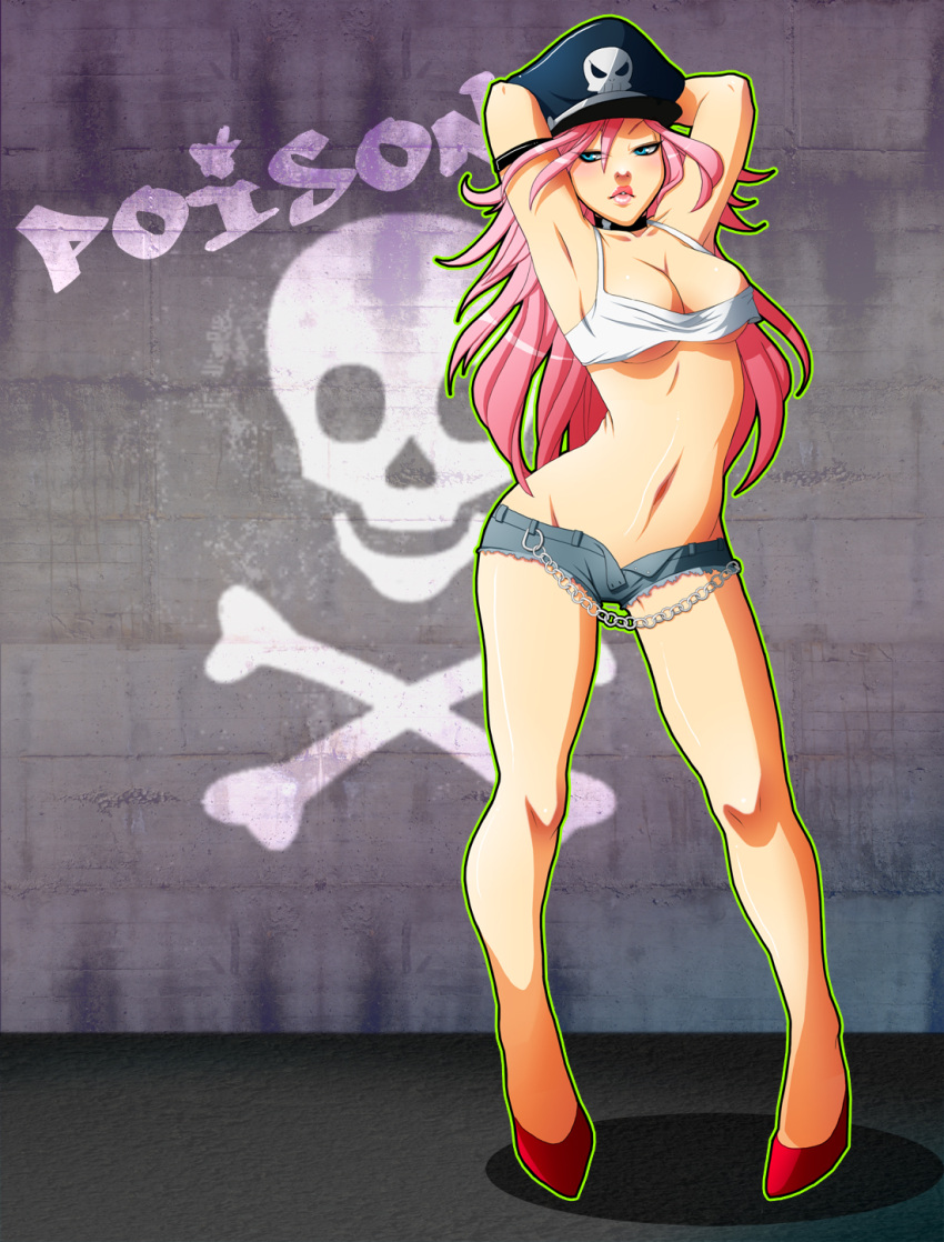1girl, armband, armpits, arms_behind_head, arms_up, blue_eyes, breasts, character_name, cleavage, collar, contrapposto, crop_top, denim, denim_shorts, final_fight, full_body, hat, high_heels, highres, lips, lipstick, long_hair, makeup, midriff, navel, no_bra, open_fly, peaked_cap, pink_hair, poison_(final_fight), puckered_lips, red_shoes, setsuna22, shoes, short_shorts, shorts, skull, solo, standing, tank_top, under_boob, unzipped