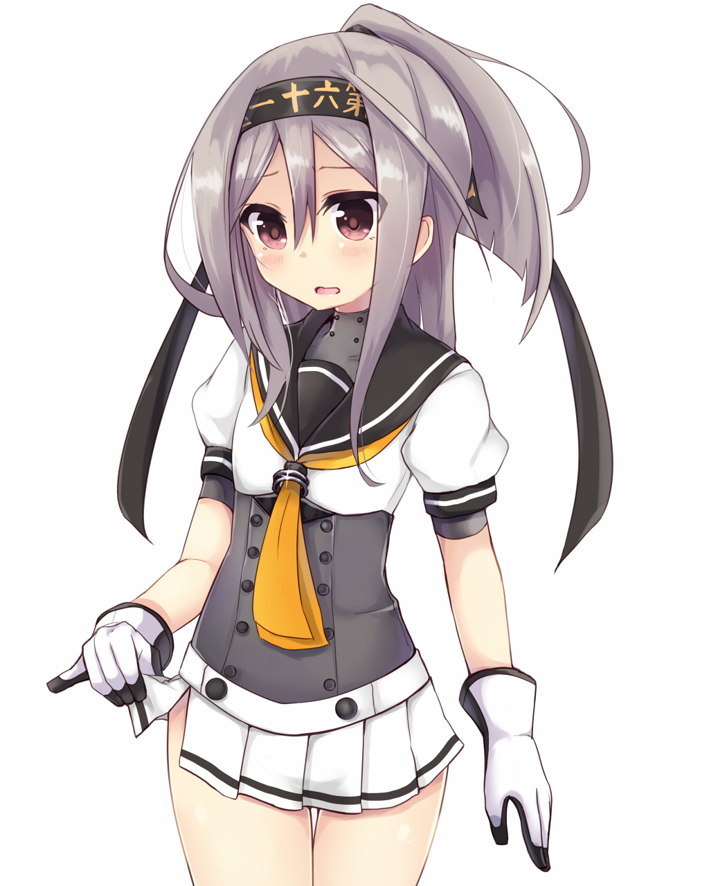 1girl, akizuki_(kantai_collection), akizuki_(kantai_collection)_(cosplay), amano_kouki, blush, brown_eyes, cowboy_shot, hair_between_eyes, headband, high_ponytail, highres, kantai_collection, multicolored_gloves, neckerchief, pleated_skirt, ponytail, sailor_collar, school_uniform, serafuku, silver_hair, simple_background, skirt, skirt_hold, solo, white_background, white_skirt, zuihou_(kantai_collection)