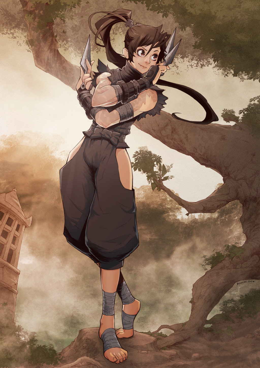 1girl, ankle_wraps, bandages, barefoot, between_fingers, brown_eyes, brown_hair, danusko