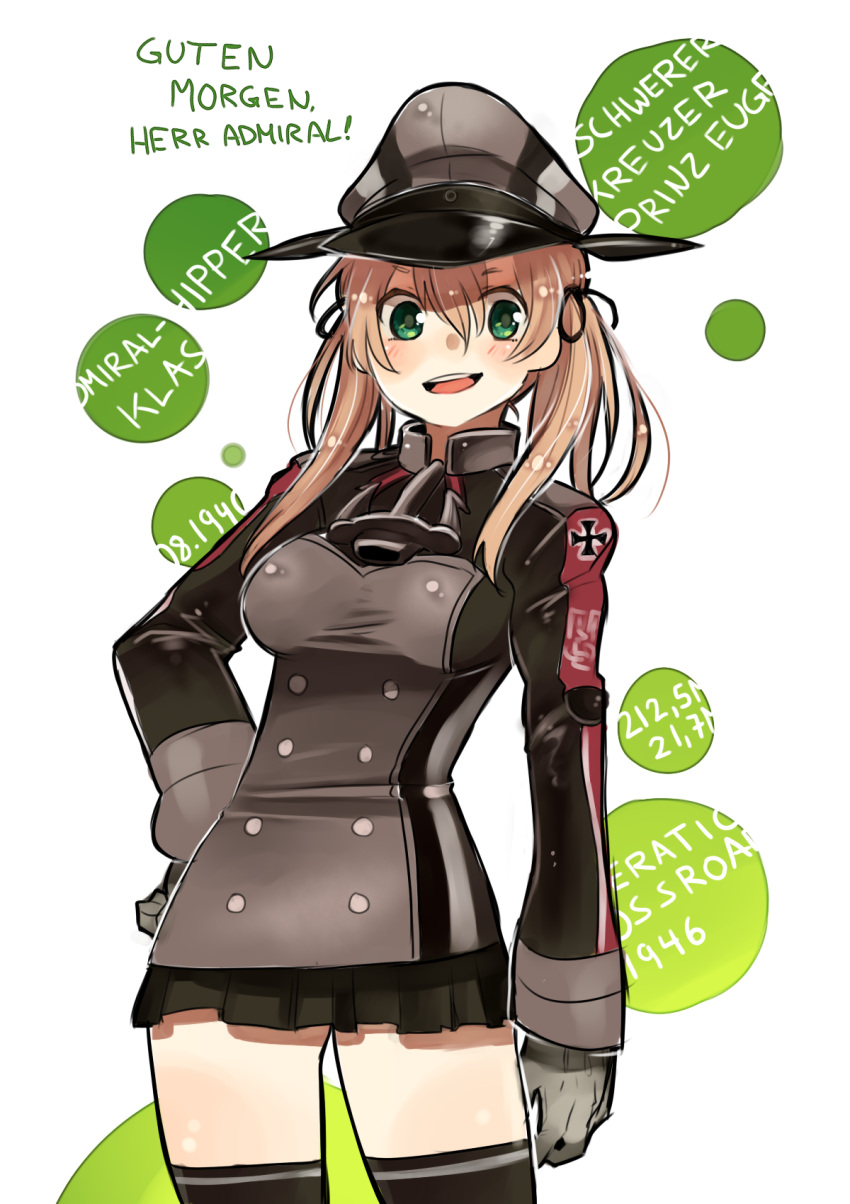 1girl, :d, anchor, black_legwear, black_skirt, blonde_hair, blush, german