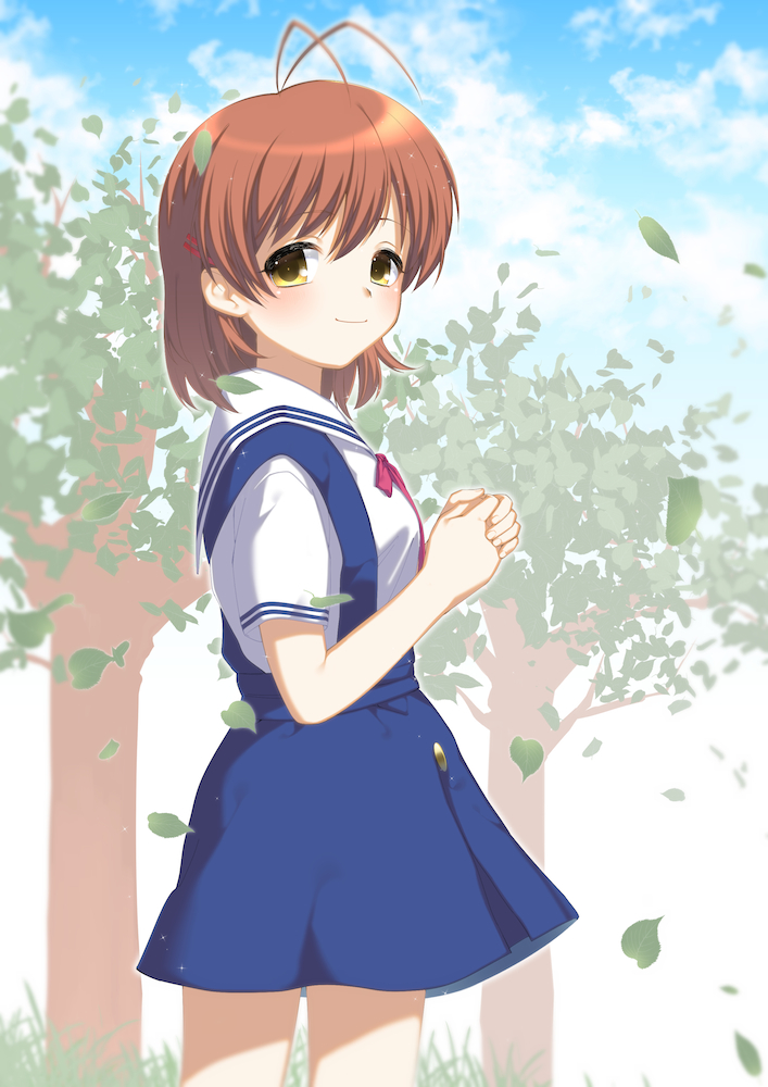 1girl, antenna_hair, brown_eyes, brown_hair, clannad, furukawa_nagisa, school_uniform, short_hair