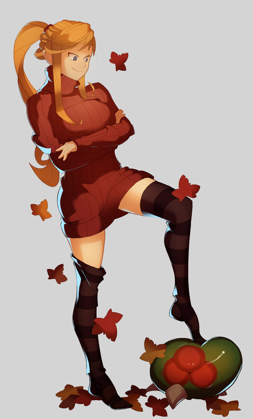 1girl, alien, autumn, autumn_leaves, black_legwear, blonde_hair, blue_eyes, breasts