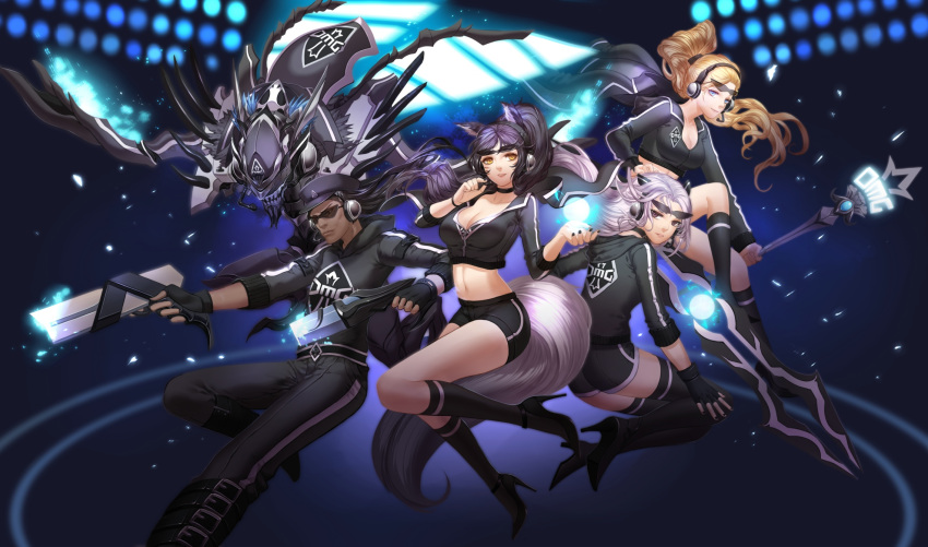 2boys, 3girls, ahri, alternate_costume, alternate_hairstyle, animal_ears, black_hair, black_legwear