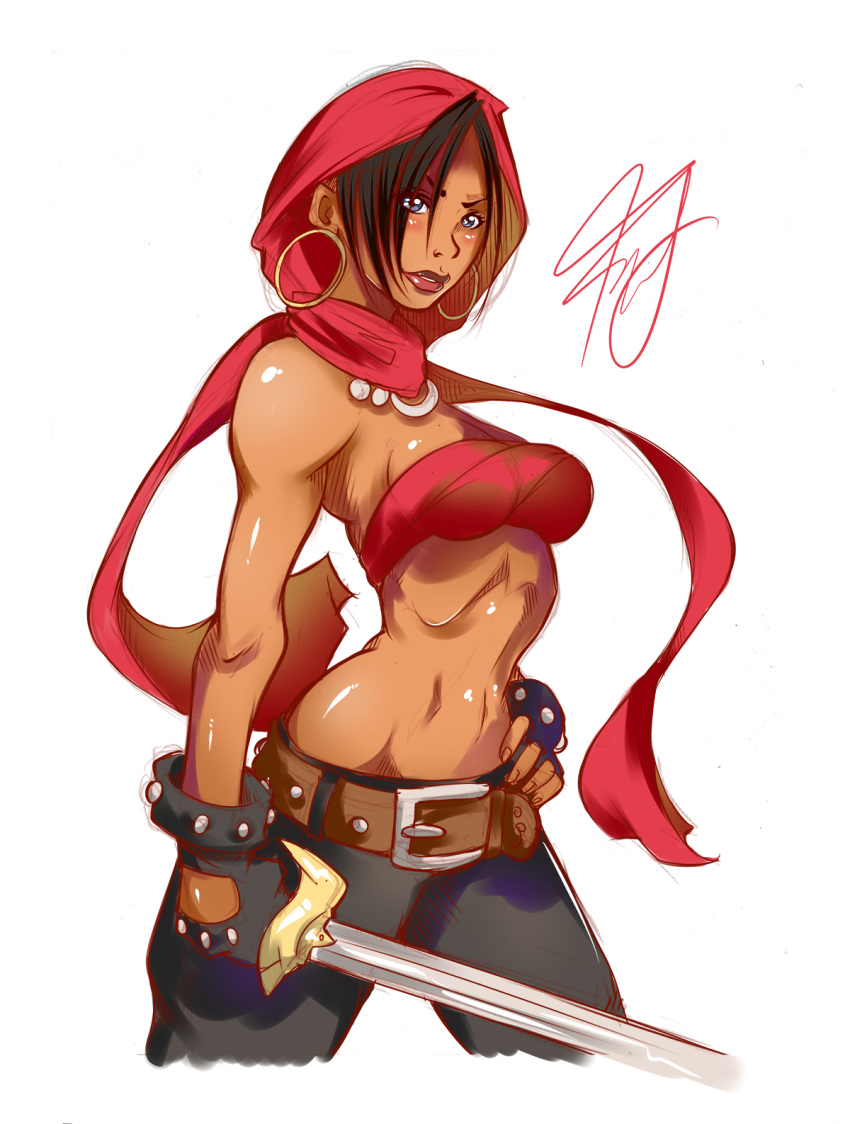 1girl, bandeau, bare_shoulders, belt, blue_eyes, cowboy_shot, dark_skin, dungeons_and_dragons, earrings, fingerless_gloves, francesco_simioni, gloves, hand_on_hip, highres, hood, hoop_earrings, jewelry, lips, midriff, moriah, navel, red_scarf, scarf, short_hair, slender_waist, small_breasts, solo, studded_bracelet, sword, weapon