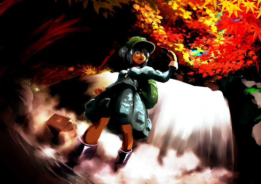 1girl, autumn, autumn_leaves, backpack, bag, between_breasts, blue_eyes, blue_hair, boots, breasts, feconf, forest, grass, hair_bobbles, hair_ornament, hat, kawashiro_nitori, key, leaf, long_sleeves, maple_leaf, maple_tree, nature, partially_submerged, pocket, rock, rubber_boots, scenery, shirt, short_hair, skirt, skirt_set, solo, touhou, tree, twintails, water, waterfall