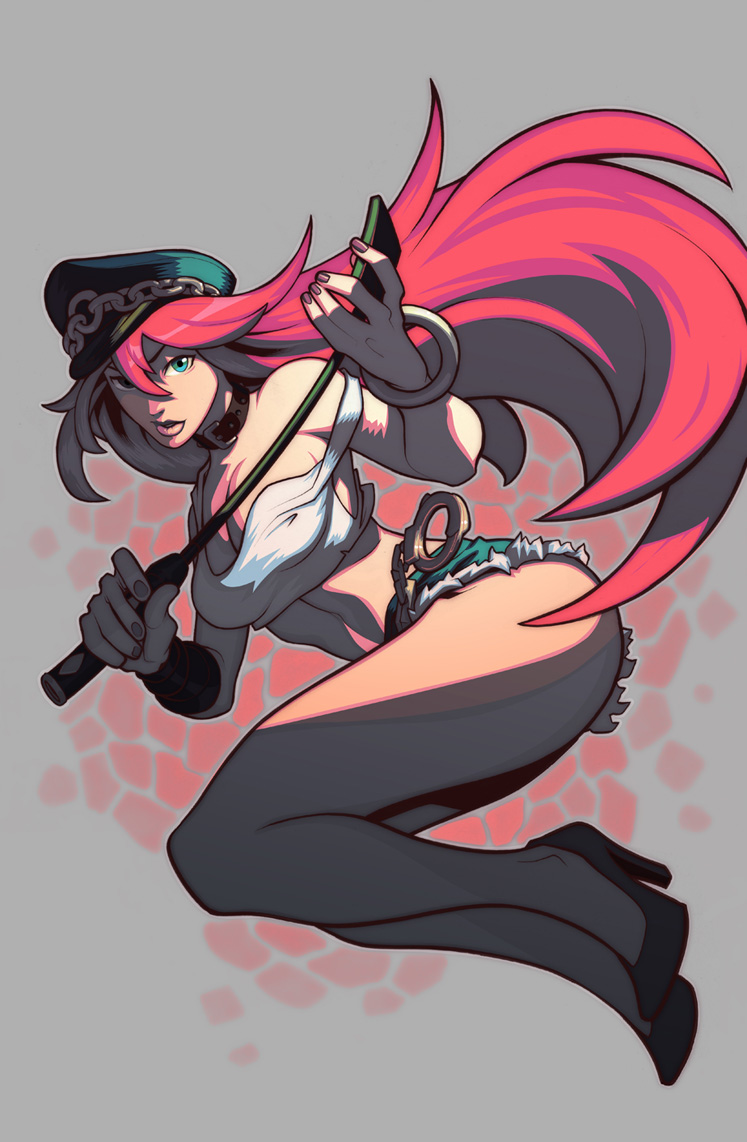 1girl, bangle, bare_shoulders, blue_eyes, bracelet, breasts, cleavage, collaboration, collar, colored, crop_top, cuffs, cutoffs, edwin_huang, final_fight, francisco_perez, handcuffs, hat, high_heels, jewelry, long_hair, long_legs, midriff, peaked_cap, pink_hair, poison_(final_fight), riding_crop, short_shorts, shorts, solo, strap_slip