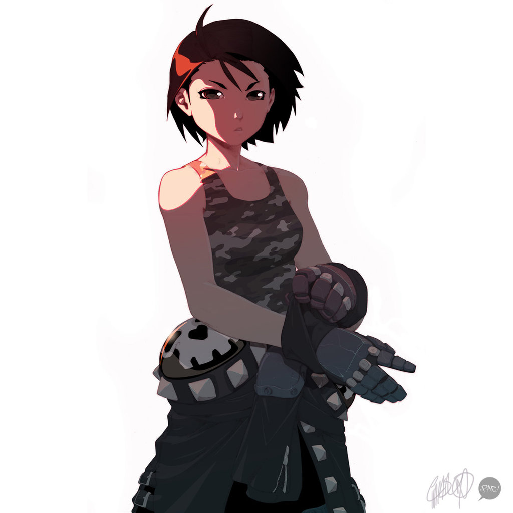 1girl, brown_eyes, brown_hair, camouflage, collaboration, francisco_perez, glove_pull, gloves